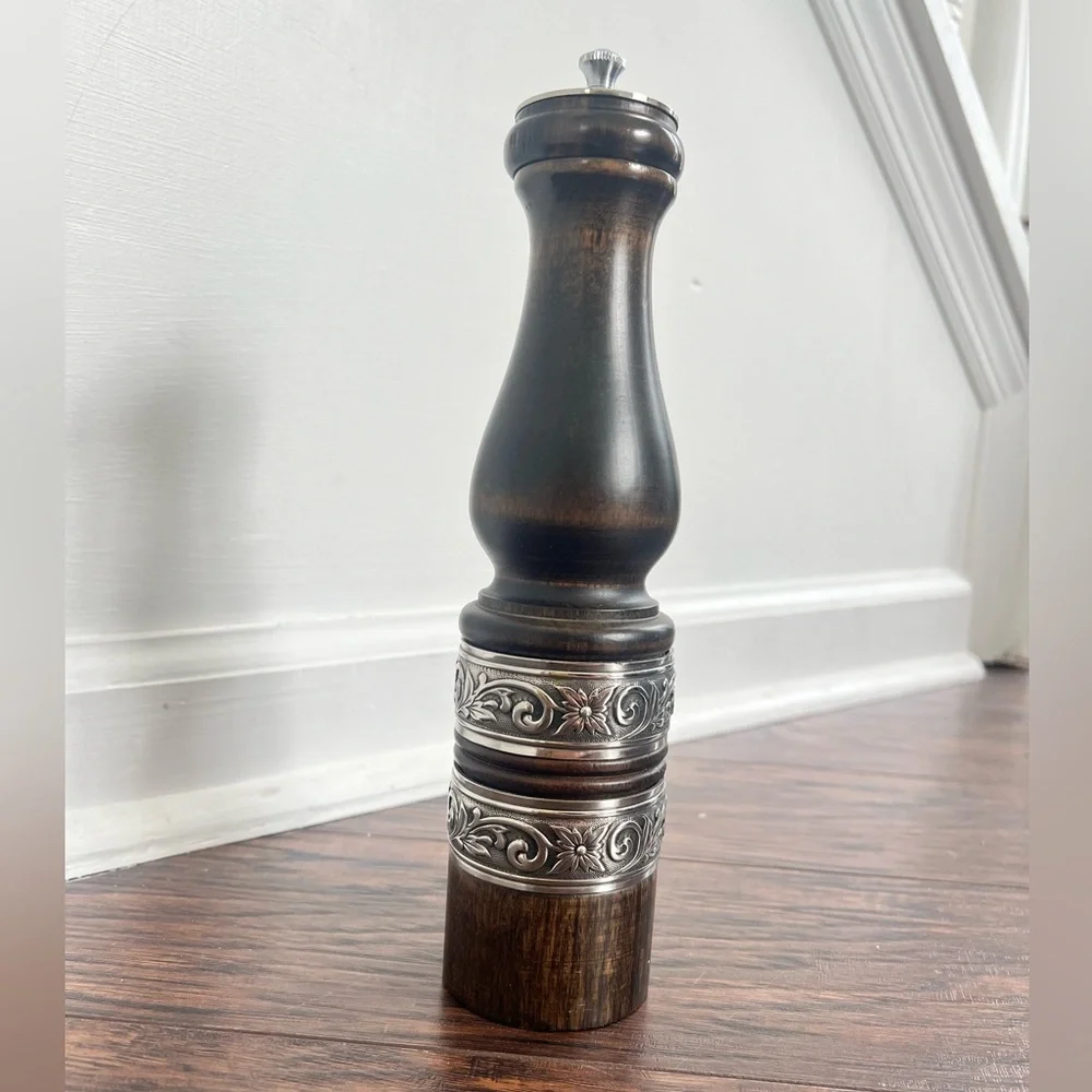 Vintage style Wood Stainless silver tone Pepper Mill Grinder 11”